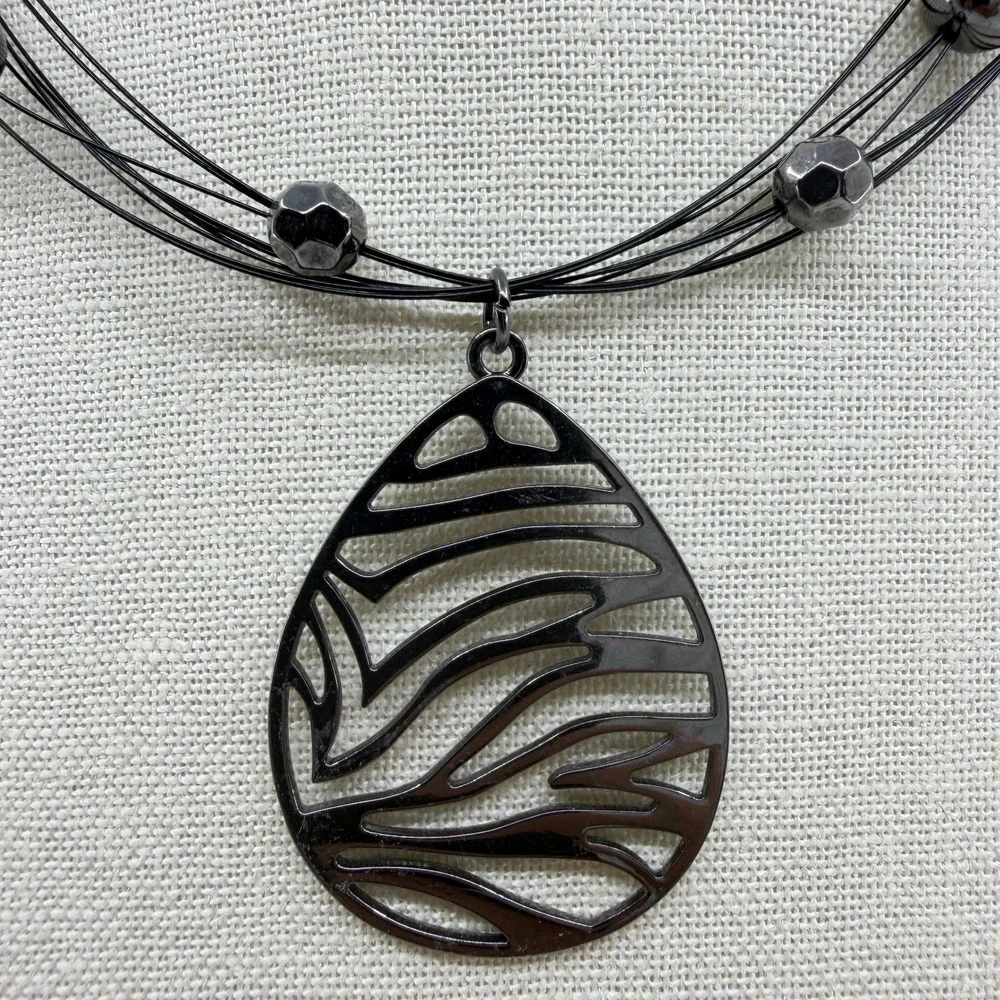 Gunmetal Zebra Teardrop Pendant Multi Strand Wire Necklace Statement Jewelry